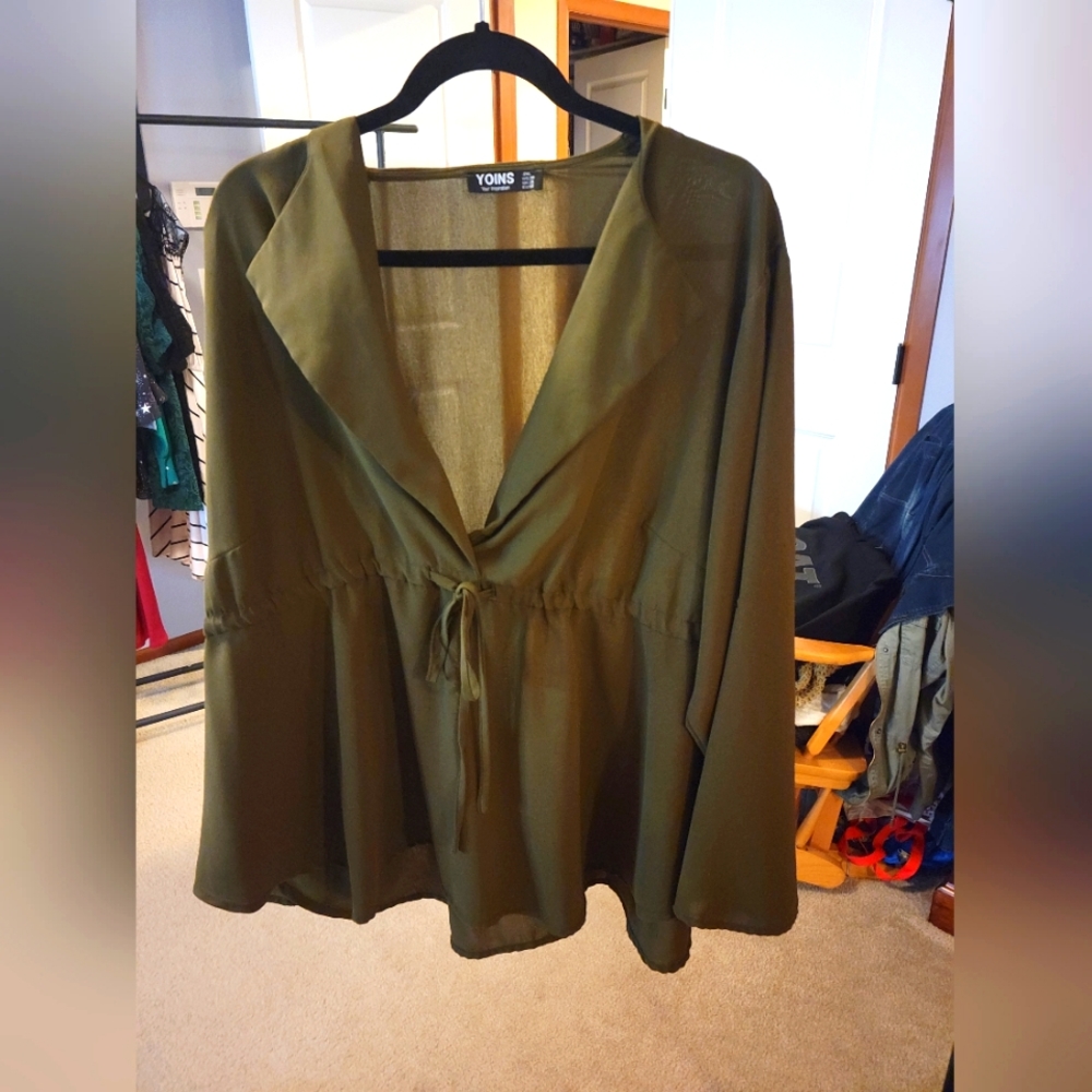 Olive Green V-Neck Wrap Blouse